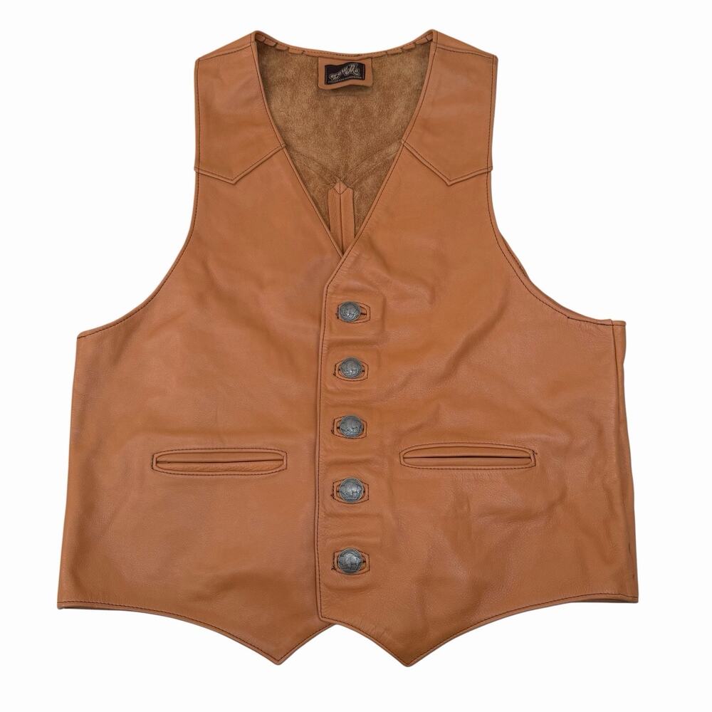 Vintage 1970’s Lew n’ Me Caramel Leather Vest w/ Buffalo Nickel Buttons